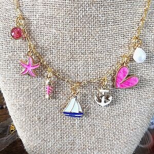 Charm necklace paperclip chain 19", pink and gold, nautical, sail ⛵️ boat.